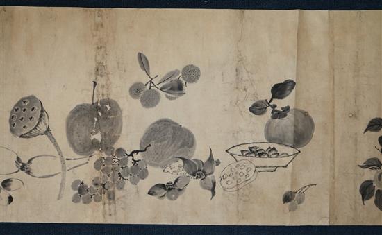 A Chinese ink painted hand scroll, 18th century, 32cm x 391.5cm, old repairs